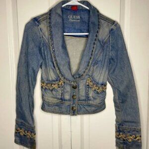 Vintage Guess Premium Denim Jean Jacket Size XS Made In USA Distressed Studded